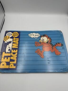 Vintage Garfield Pet Placemat Rubberized Vinyl 12x17 Blue "Let's Eat!"